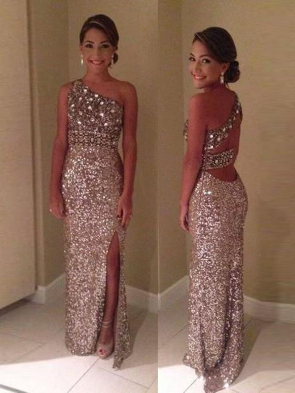Sheath/Column One-Shoulder Sleeveless Sequins Floor-Length Dresses