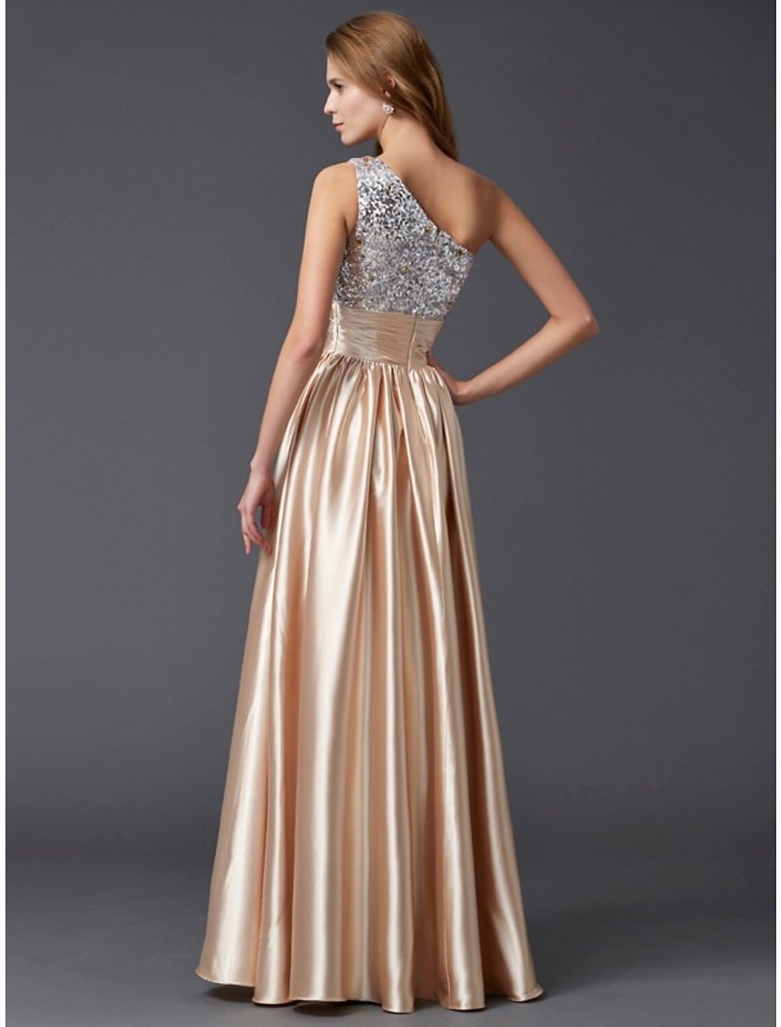 A-Line Prom Dresses Sparkle & Shine Dress Party Wear Wedding Party Floor Length Sleeveless One Shoulder Charmeuse with Pleats Sequin