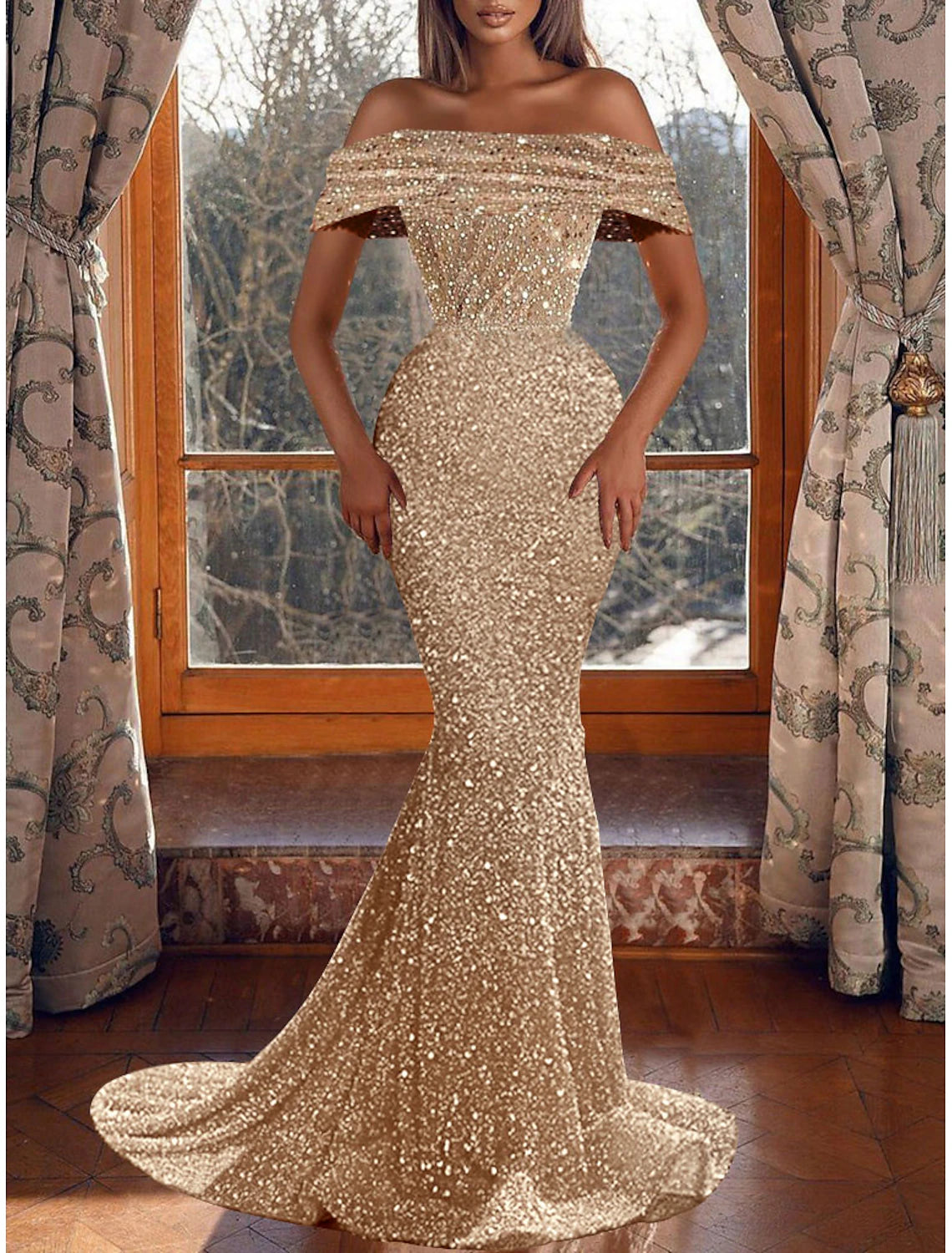 Sheath Mermaid Evening Dress Sleek Glitter Sparking Sequins Short Sleeve Off the Shoulder Party Dress