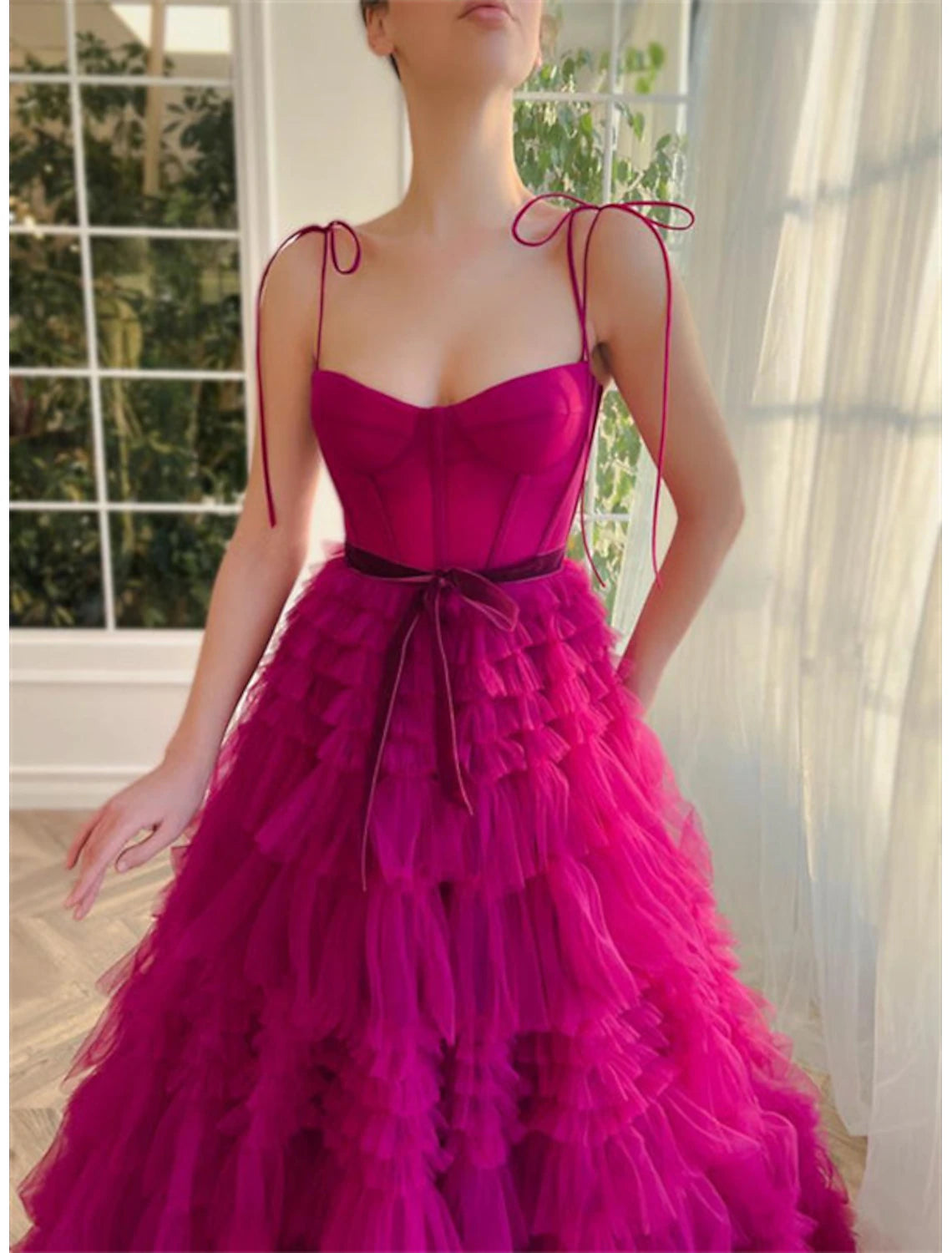 Ball Gown Evening Gown Wedding Party Birthday Floor Length Sleeveless Spaghetti Strap Tulle with Ruffles Strappy
