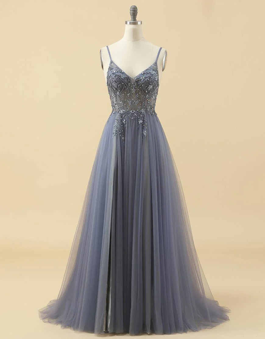 A-line Spaghetti Straps Tulle Prom Dress with Beading