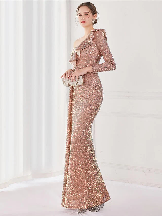 Mermaid / Trumpet Evening Gown Elegant Dress Wedding Guest Floor Length Long Sleeve One Shoulder Sequined V Back with Sequin Slit
