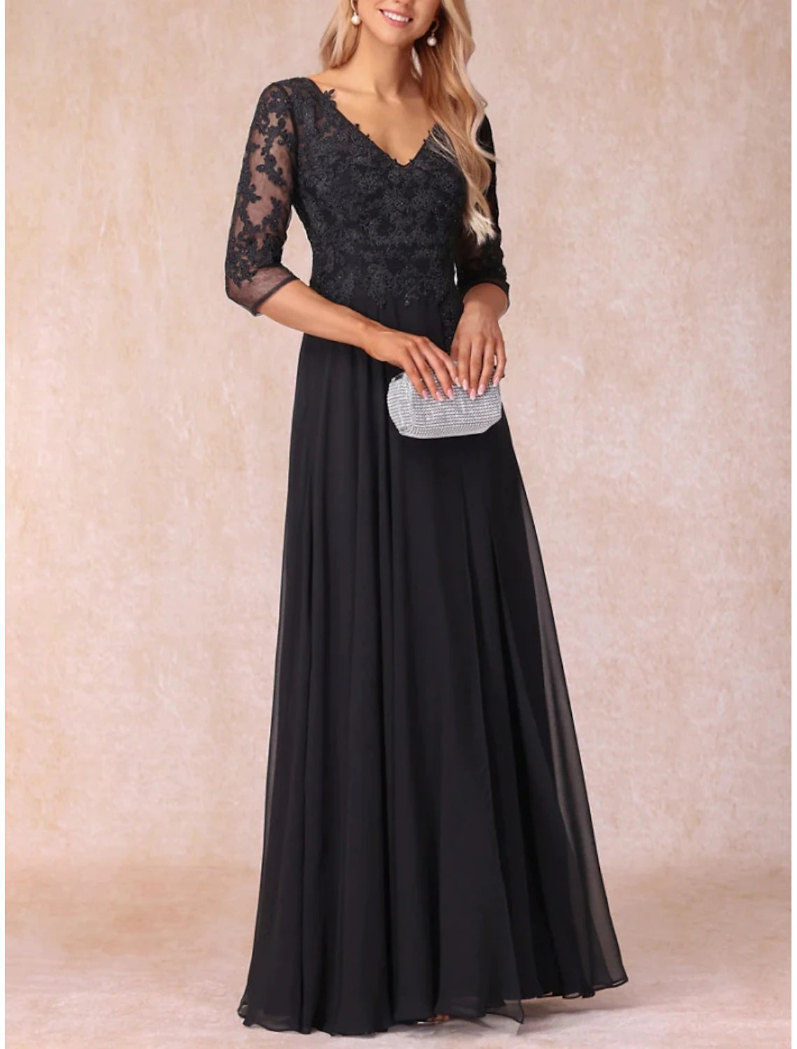 A-Line  V Neck Floor Length Wedding Guest Party Dress Chiffon Lace 3/4 Length Sleeve Mother of the Bride Dress with Ruching