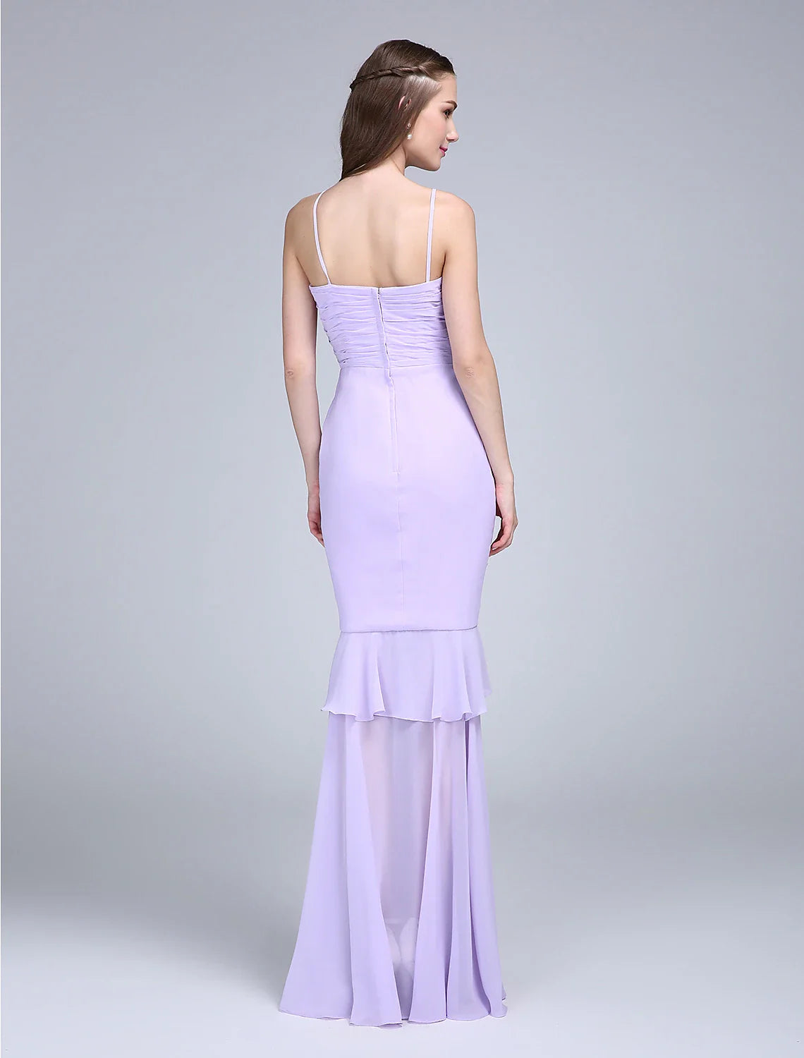 Fit & Flare Bridesmaid Dress Spaghetti Strap Sleeveless Elegant Floor Length Chiffon with Ruched Solid Color