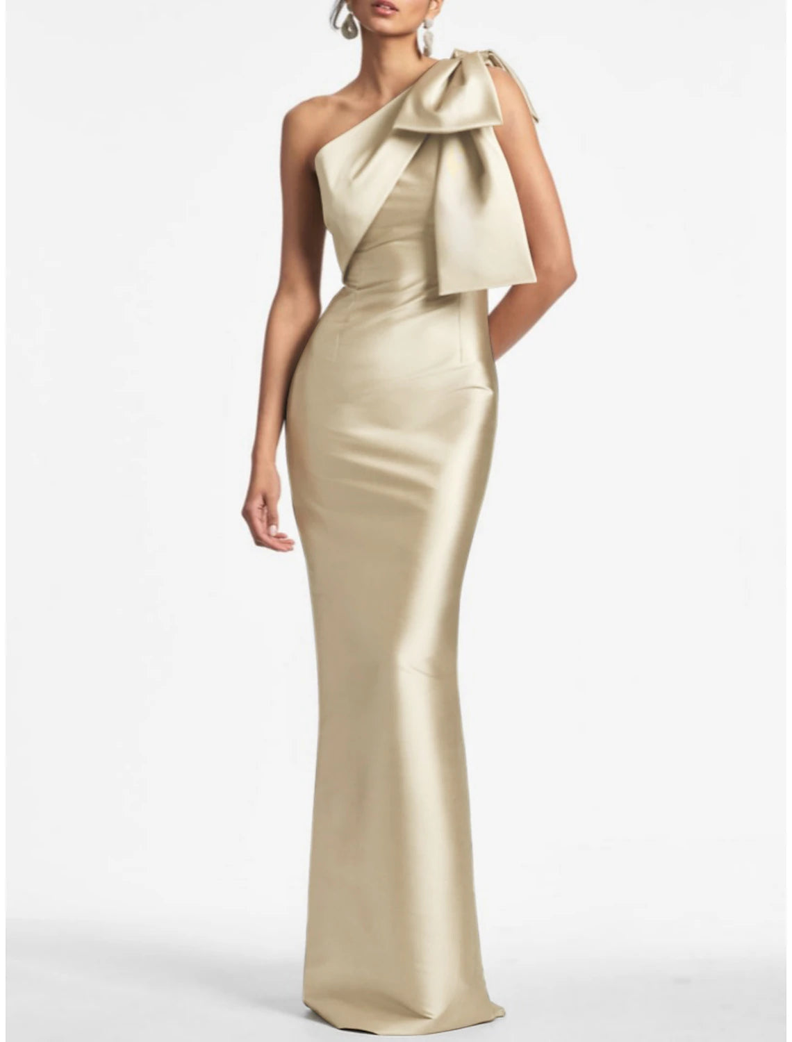 Sheath Mermaid Sleeveless Evening Gown One Shoulder Ankle Length Satin Party Dress With Bow Slit