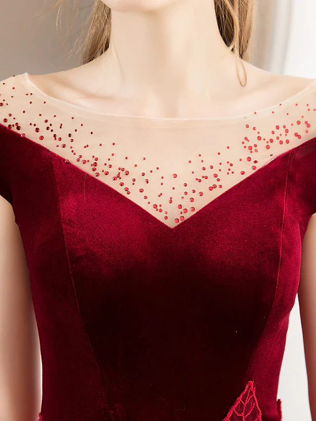 A-Line Prom Dresses Glittering Dress Engagement Floor Length Short Sleeve Jewel Neck Tulle with Pleats Crystals Pattern / Print