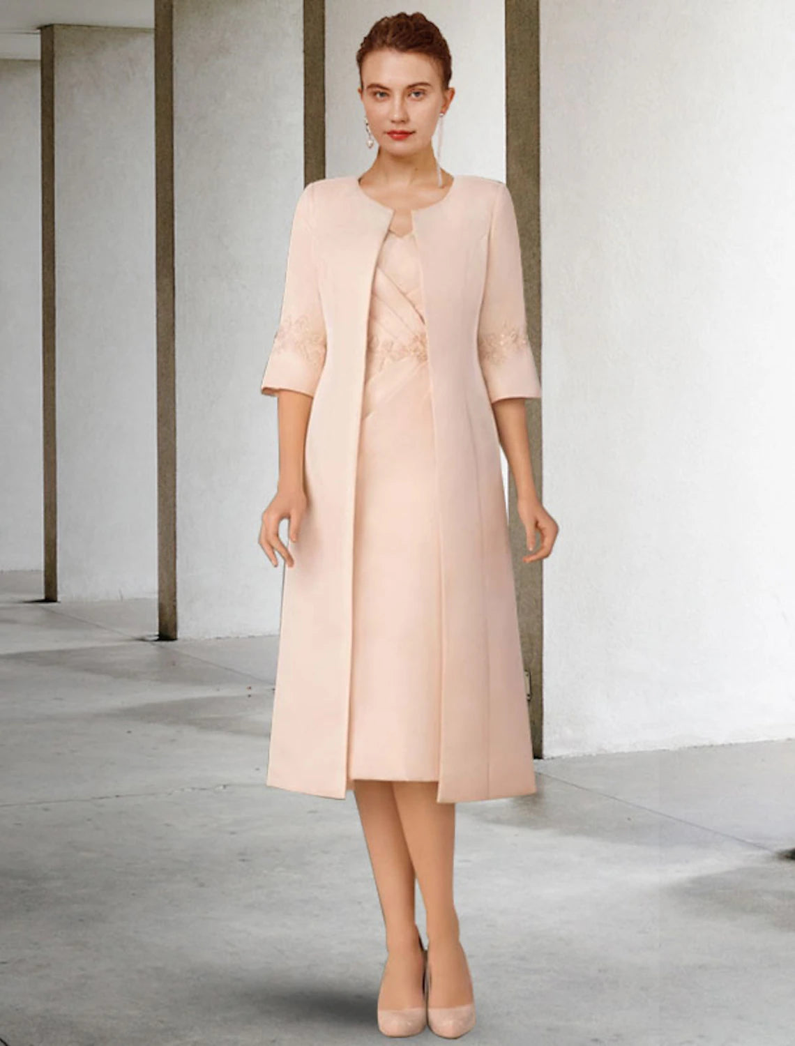 Two Piece Sheath / Column Mother of the Bride Dress Church Elegant Winter With Jacket Short Sleeve V Neck Knee Length Lace Stretch Chiffon Appliques Side-Draped