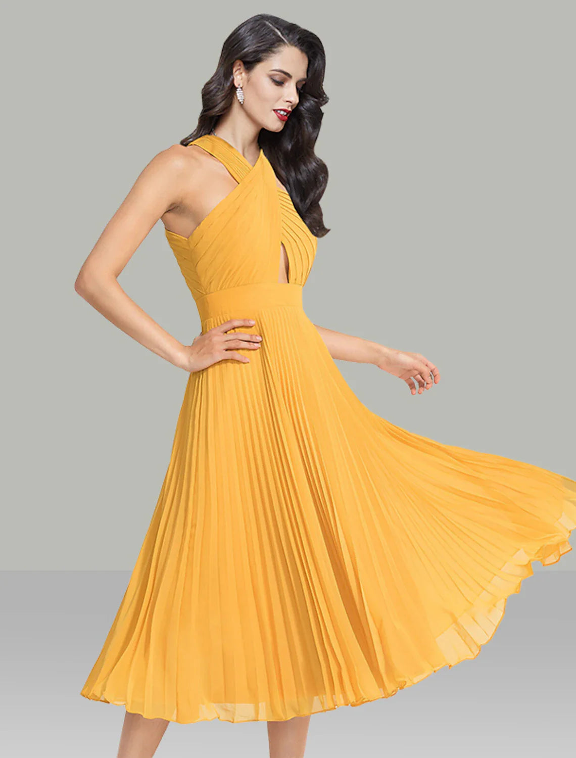 A-Line Wedding Guest Dresses Elegant Dress Cocktail Party Wedding Party Tea Length Sleeveless Halter Neck Chiffon with Ruched Crisscross