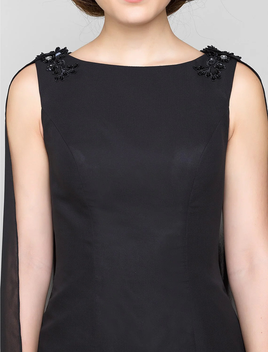 Sheath / Column Mother of the Bride Dress Wrap Included Bateau Neck Knee Length Chiffon Sleeveless yes with Crystals