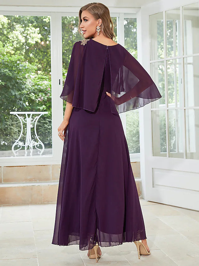 A-Line Wedding Guest Dresses Elegant Dress Party Wear Floor Length Half Sleeve  Chiffon with Ruffles