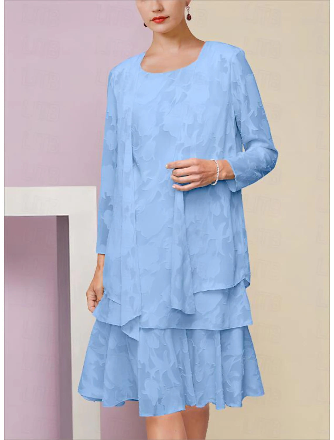 A-Line Mother of the Bride Dress Formal Wedding Guest Elegant Scoop Neck Tea Length Chiffon Long Sleeve with Cascading Ruffles