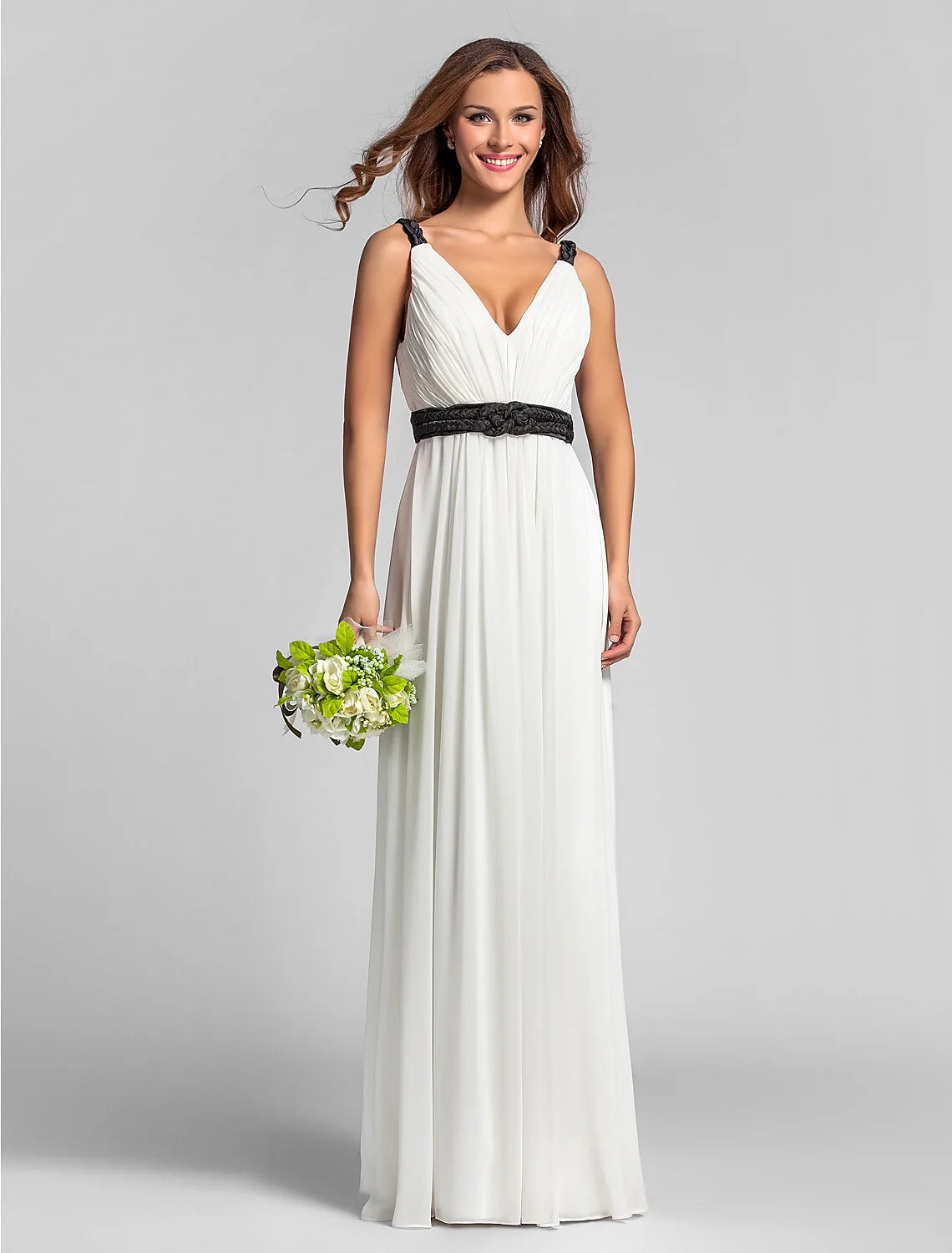 Elegent Sheath / Column V Neck Floor Length Georgette Bridesmaid Dress with Sash / Ribbon