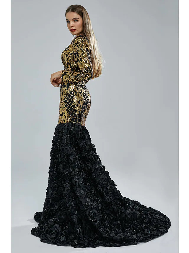 Mermaid / Trumpet Evening Gown Elegant  & Luxurious Dress Engagement Court Train Long Sleeve V Neck Sequined with Sequin