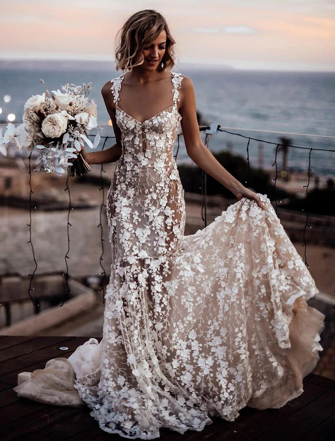 Beach Sexy Boho Wedding Dresses Mermaid / Trumpet Sweetheart Regular Straps Court Train Lace Bridal Gowns With Appliques Summer Fall Wedding Party Clothing
