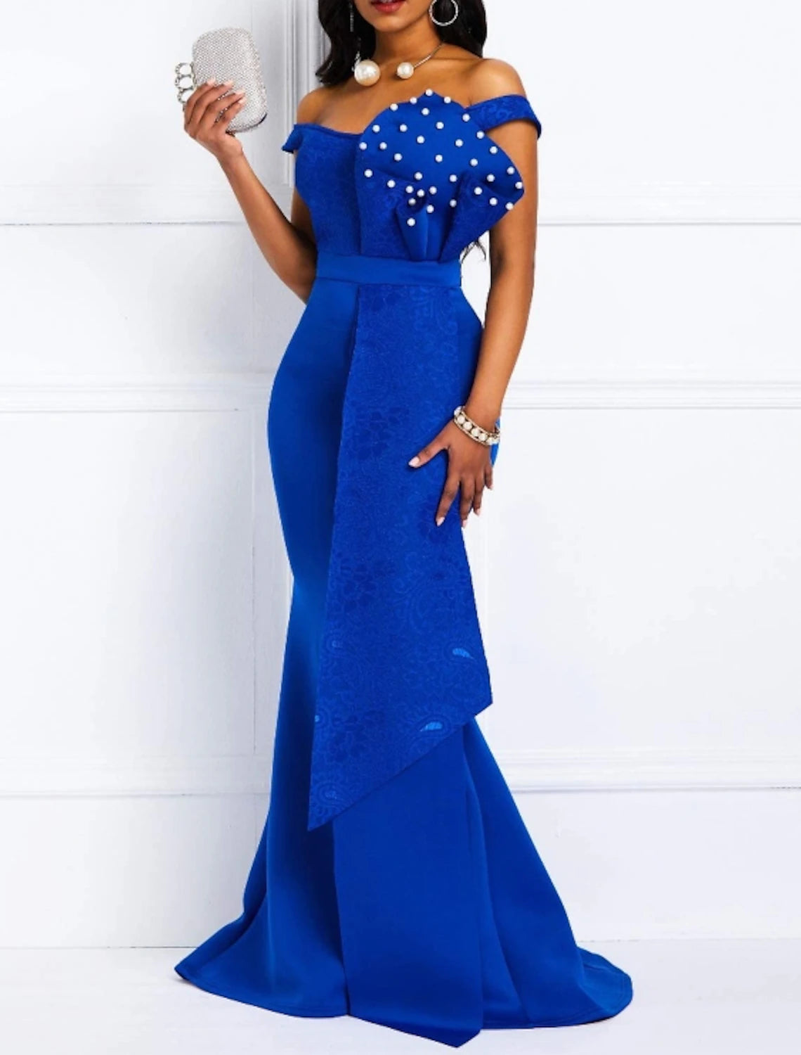 Sheath Mermaid Off the Shoulder Party Dress Short Sleeve Brush Train Dress with Sash / Ribbon Pearls