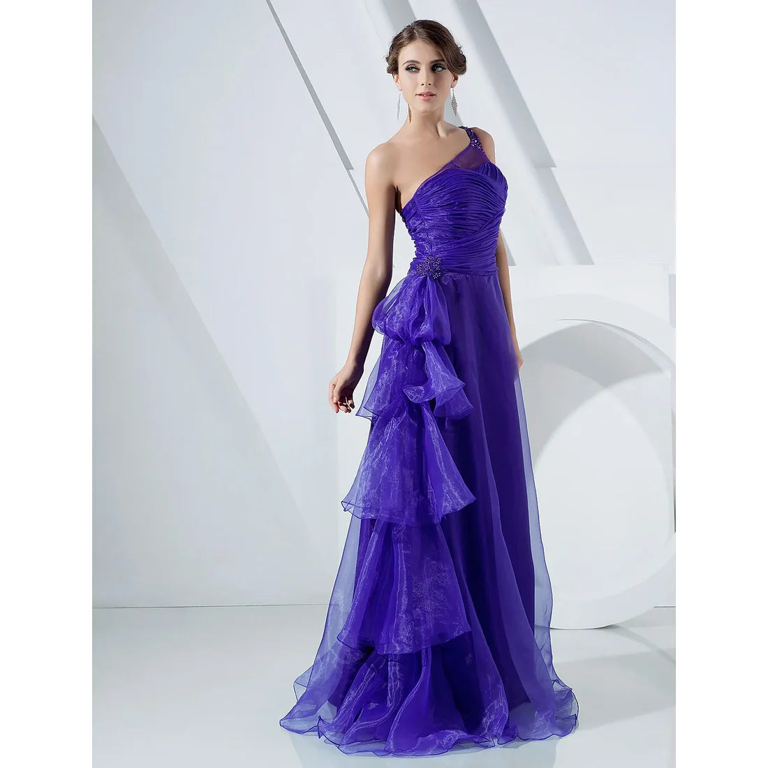 Evening Floor Length Sleeveless One Shoulder Organza with Side Draping Cascading Ruffles
