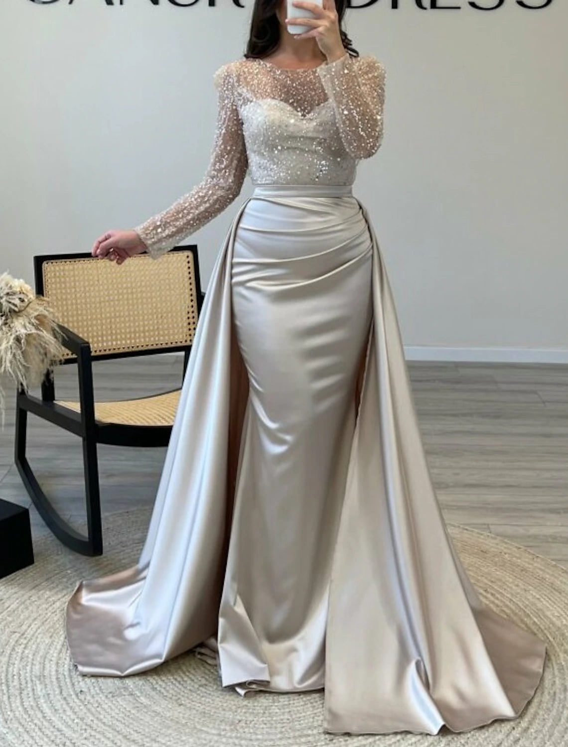 Mermaid Sequin Evening Gown Ruched Satin Dress Long Sleeves Floor Length Sparkle Illusion Neck Prom Wedding Guest Dress with Overskirt