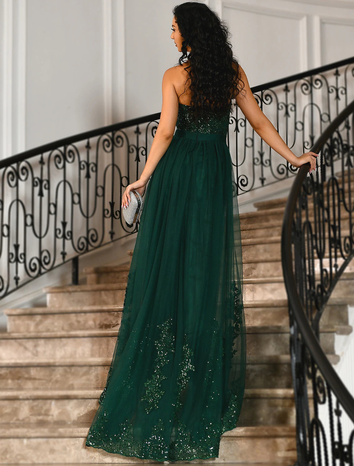 Sheath Mermaid Green Dress Sleeveless Lace Prom Dresses Strapless Court Train Tulle with Slit Appliques