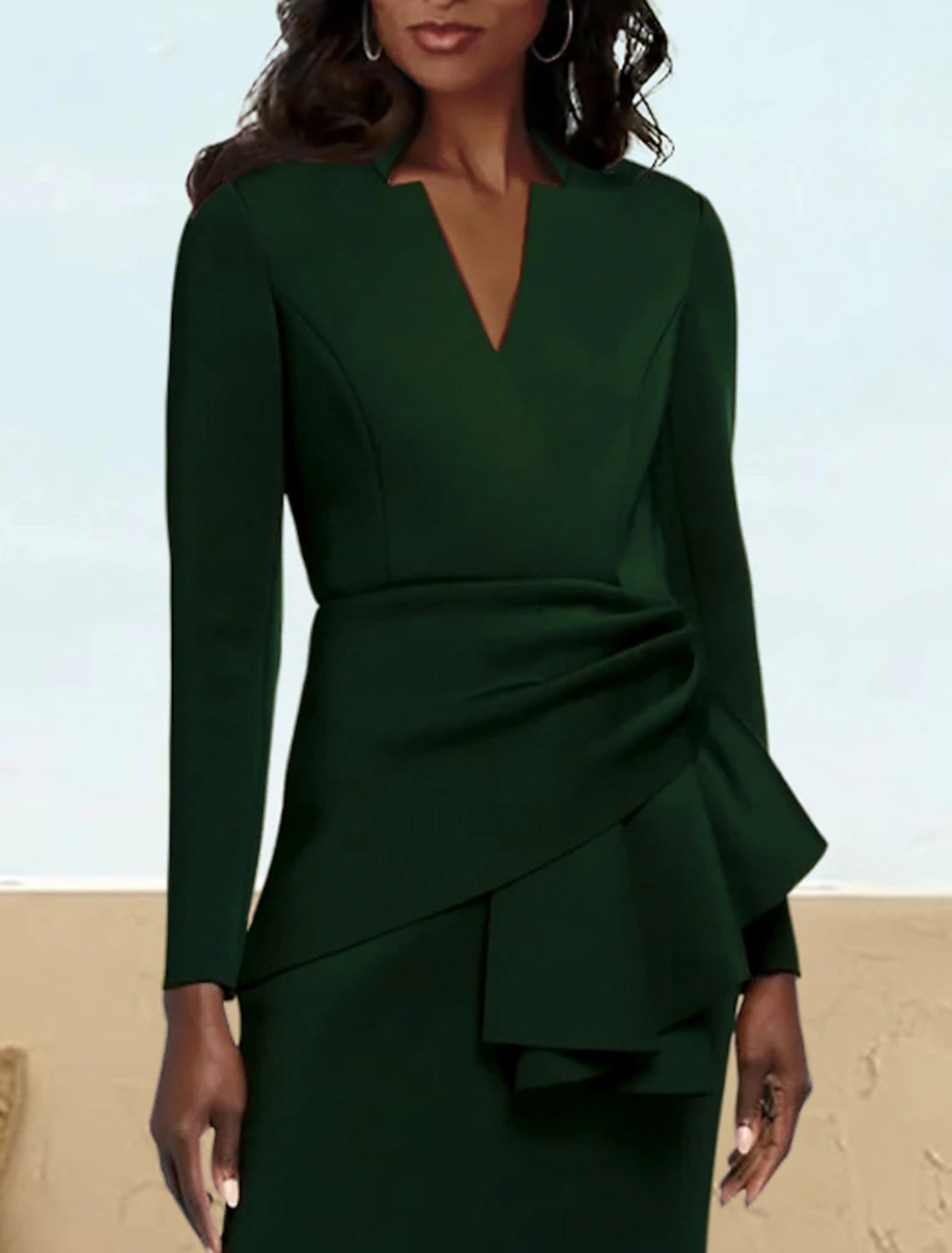 A-Line Formal Wedding Guest Party Dress  V Neck Floor Length Satin Long Sleeve  Mother of the Bride Dress with Ruching