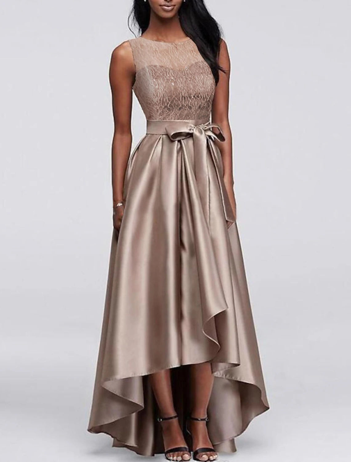 A-Line High Low Asymmetrical  Wedding Guest Dress Jewel Neck Satin Sleeveless Mother of the Bride Dress with Bow