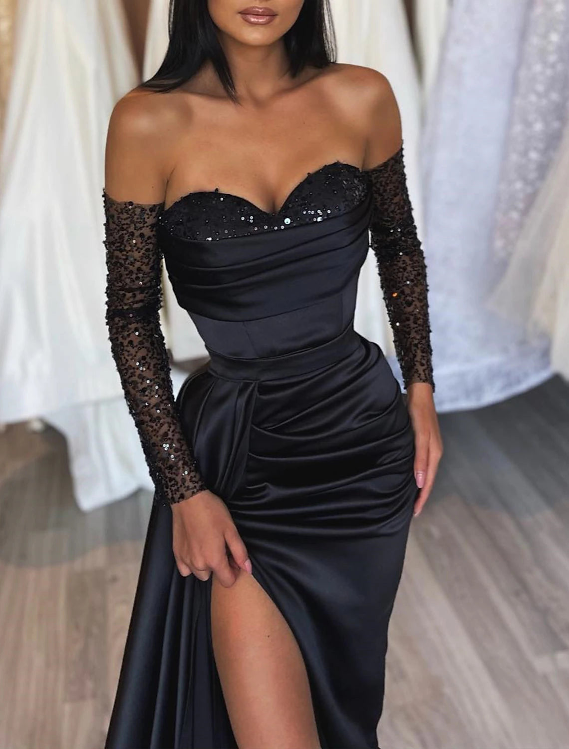 Sheath Mermaid Long Sleeve Formal Wedding Party Court Train Off the Shoulder Satin Ruched Evening Gown Brush Train Prom Dress With Sequin Slit