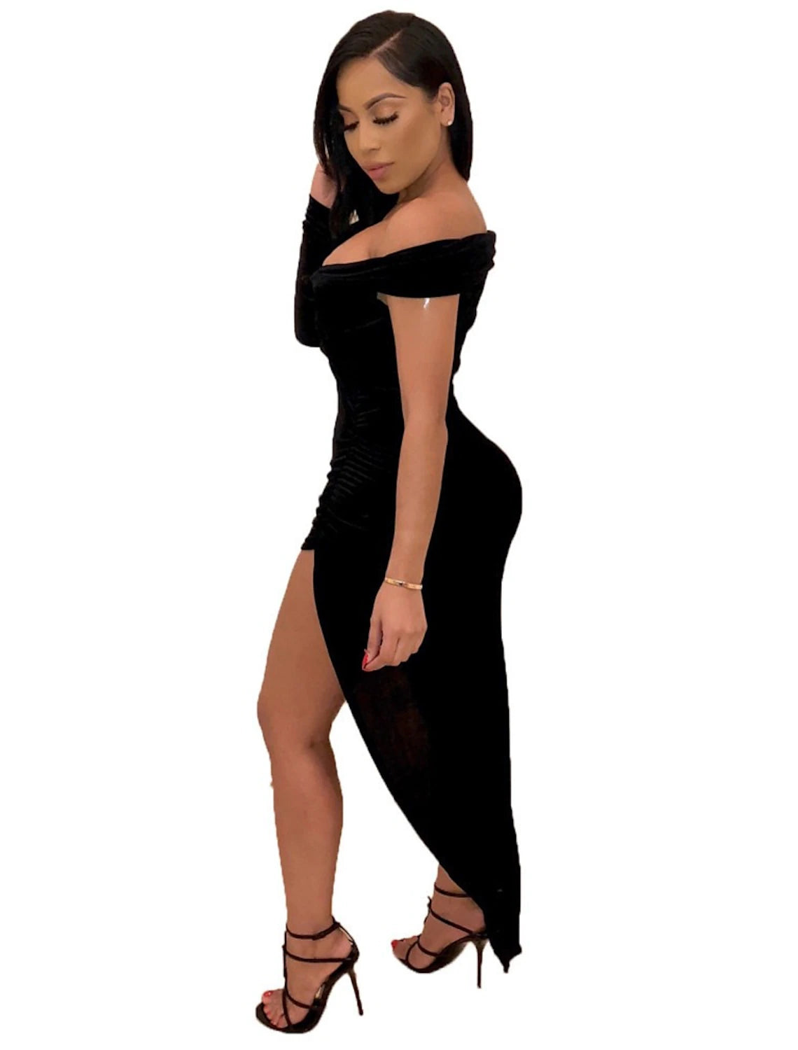 Sheath / Column Cocktail Dresses Hot Dress Holiday Party Wear Asymmetrical Long Sleeve V Neck Spandex with Sleek