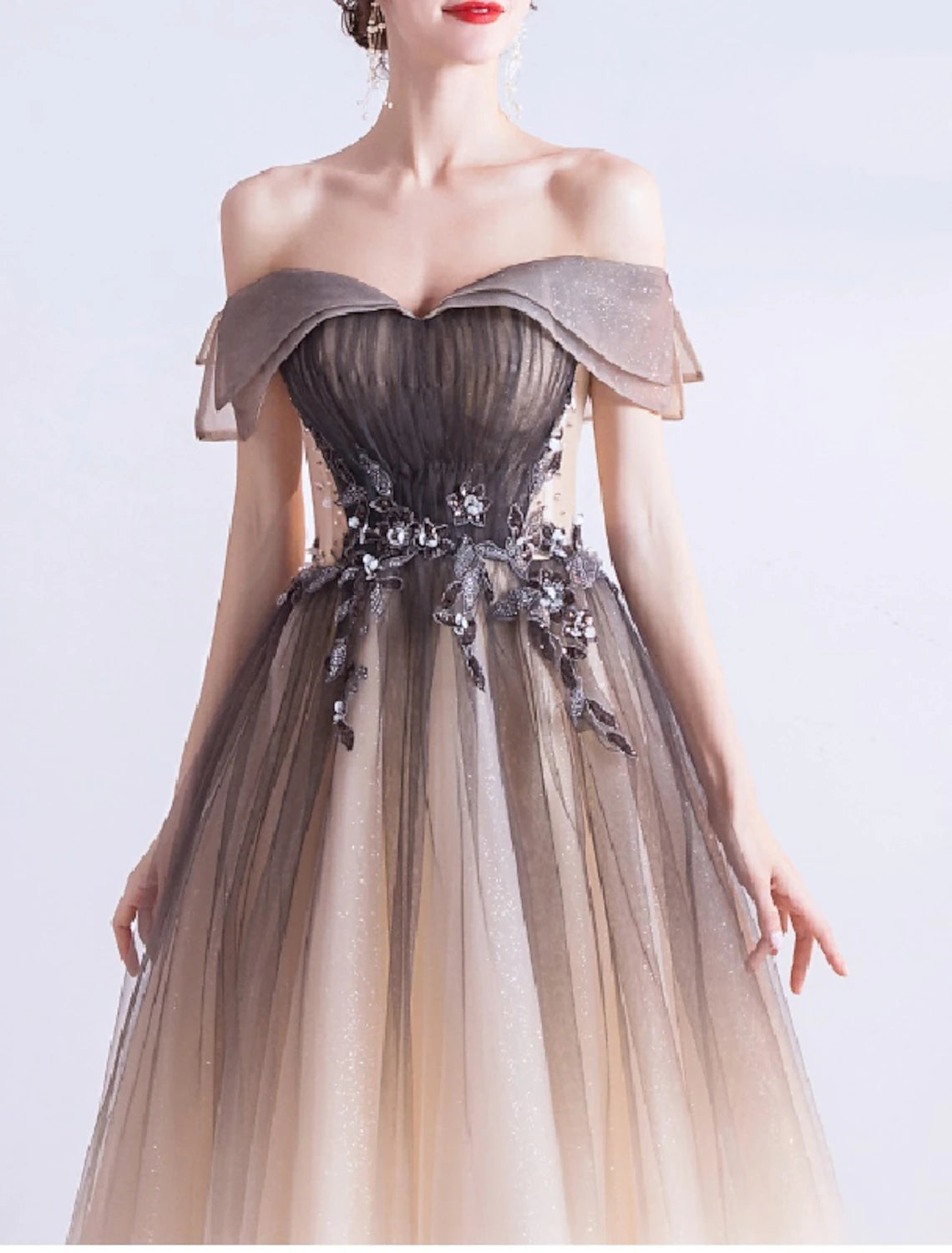 A Line Ball Gown Princess Cute Prom Dress Off Shoulder Sleeveless Floor Length Tulle with Crystals Appliques