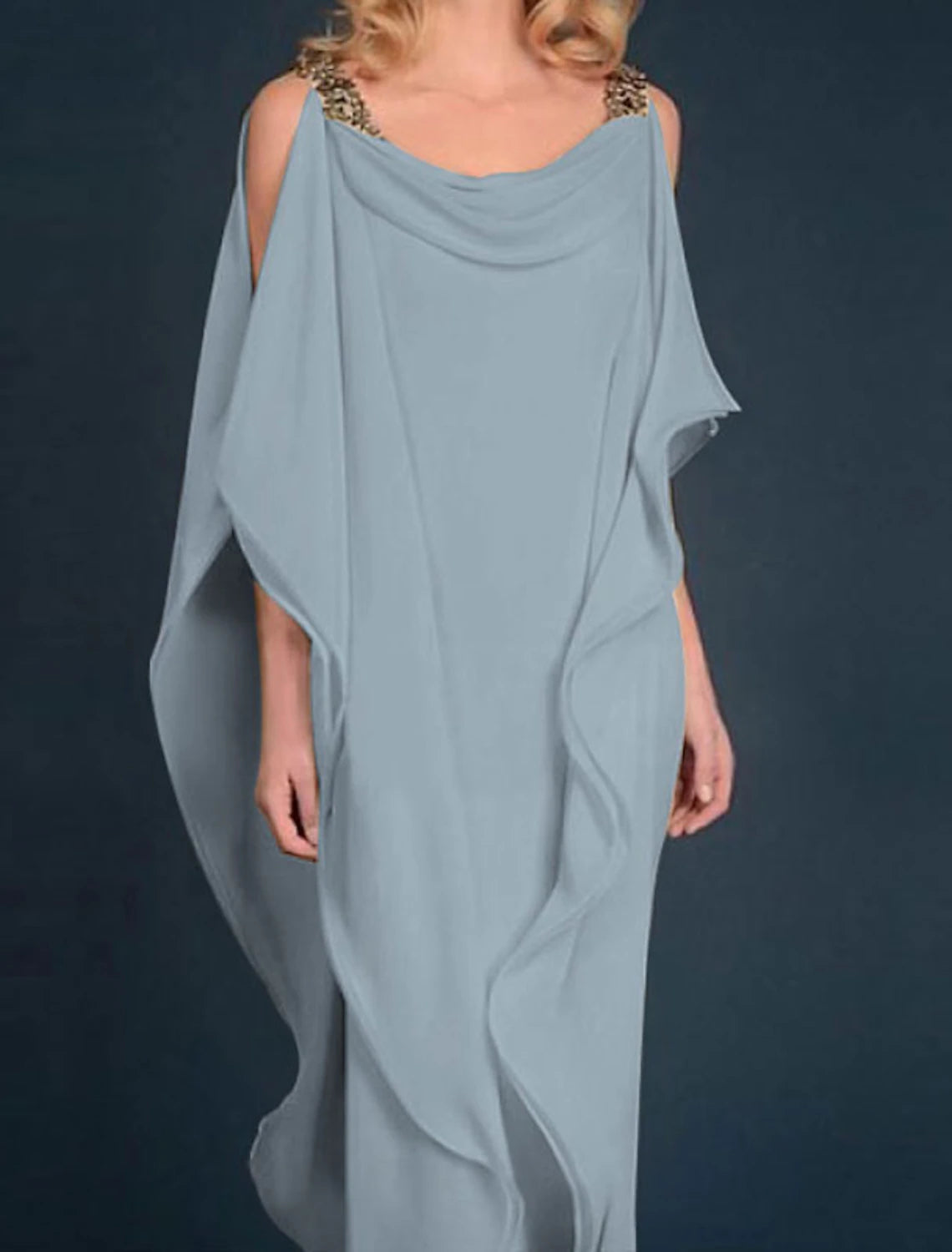 Chiffon Half Sleeve Wedding Guest Plus Size Party Dress Jewel Neck Floor Length  Mother of the Bride Dress with Beading Cascading Ruffles