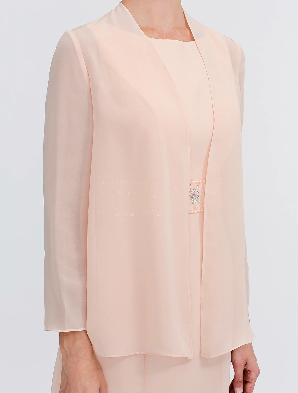 Two Piece Sheath / Column Mother of the Bride Dress Wedding Guest Elegant Plus Size Jewel Neck Tea Length Chiffon Sleeveless Wrap Included with Sash / Ribbon Pleats Beading