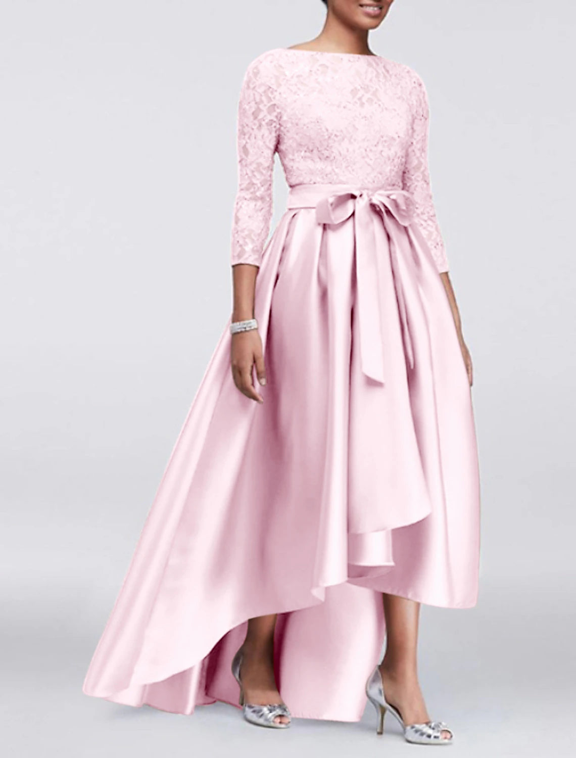 A-Line Wedding Guest Dress Plus Size Satin Lace 3/4 Length Sleeve Mother of the Bride Dress High Low Jewel Neck Asymmetrical Dress  with Sash / Ribbon Appliques