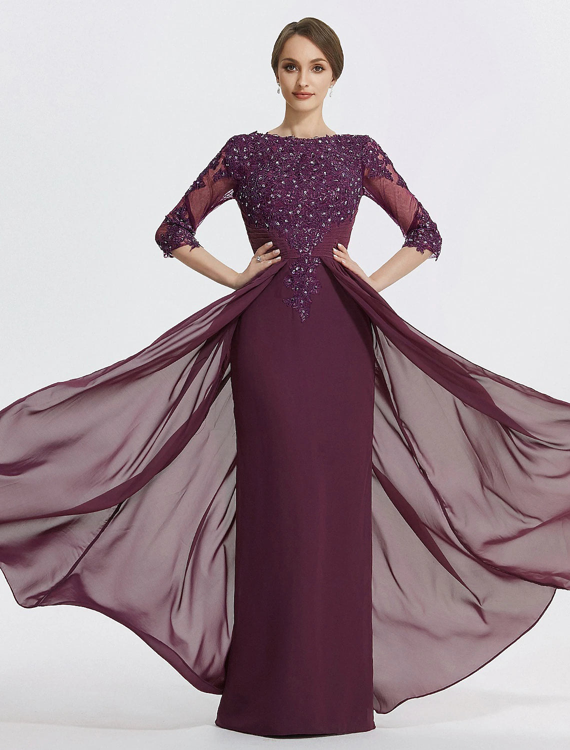 Sheath / Column  Sparkle/Shine Sequin Scoop Neck Floor Length Formal Wedding Guest With Overskirts Chiffon Lace 3/4 Sleeve Mother of the Bride Dress with Appliques