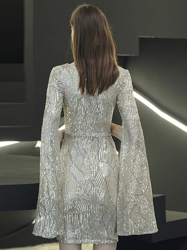 Sheath / Column Sparkle Elegant Homecoming Cocktail Party Dress V Neck Long Sleeve Short / Mini Sequined with Sequin Slit