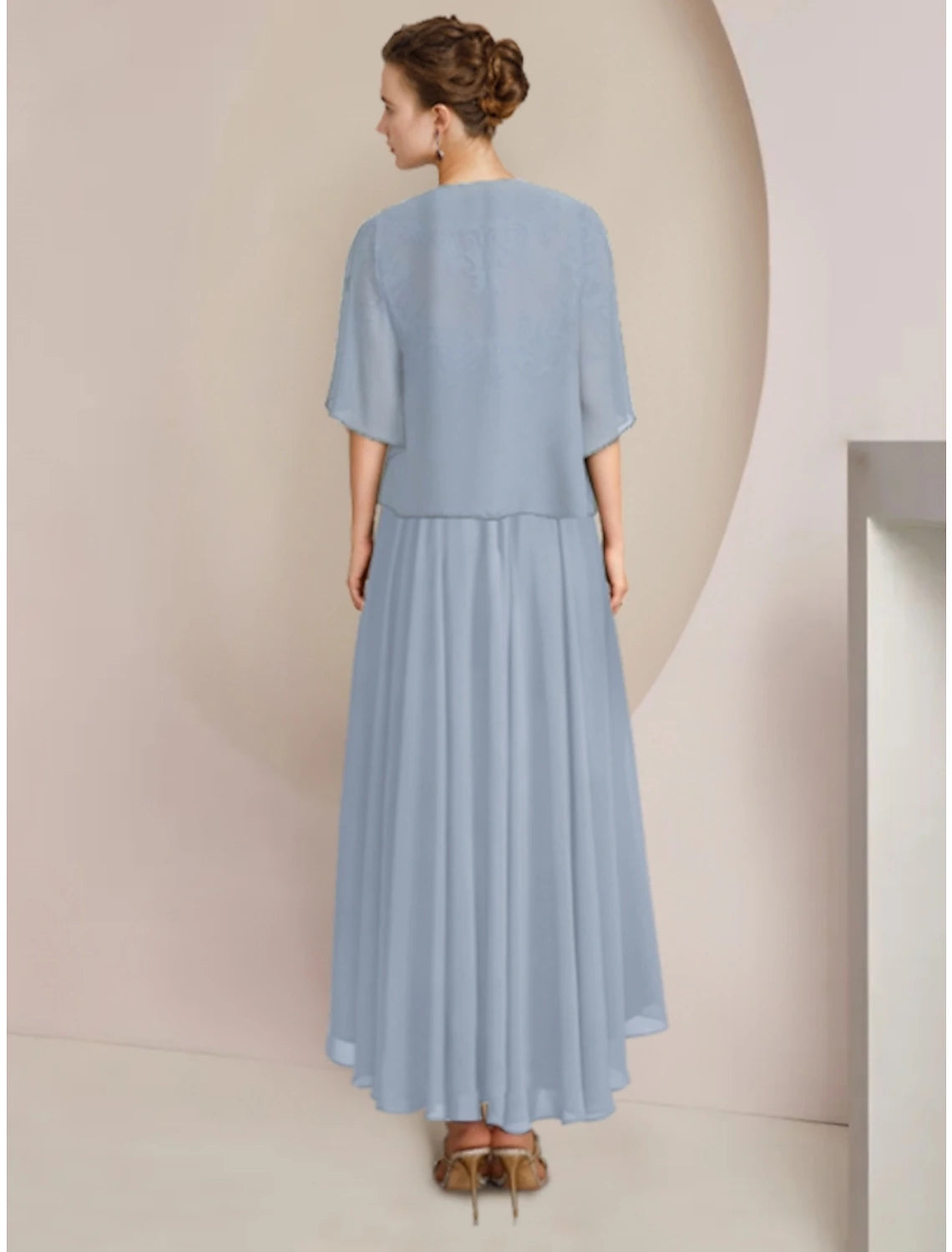 Sheath / Column Mother of the Bride Dress Wedding Guest Vintage Elegant V Neck Asymmetrical Ankle Length Chiffon Lace Half Sleeve with Pleats Solid Color