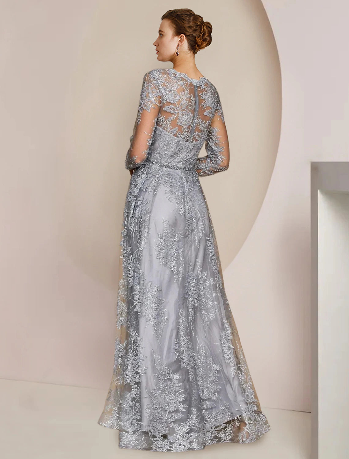 A-Line  V Neck Floor Length Wedding Guest Dress Lace Long Sleeve Mother of the Bride Dress with Appliques Crystal Brooch
