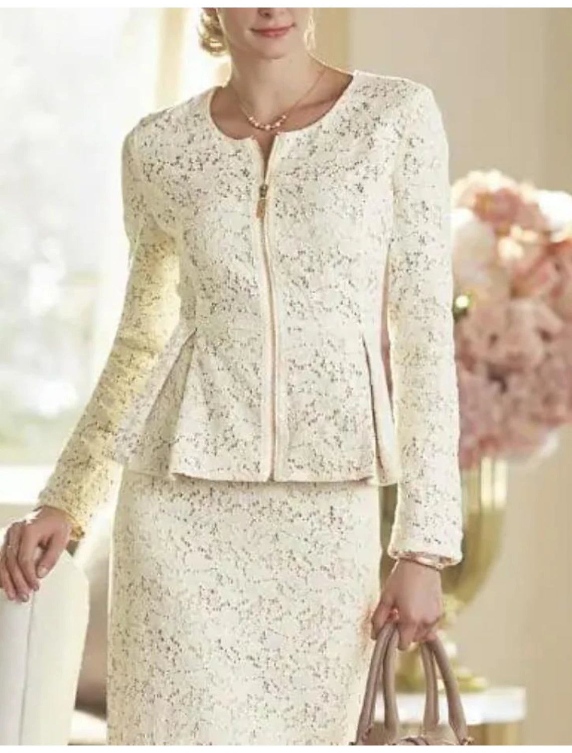 Two Pieces Wedding Guest Party Dress Sheath/Column Scoop Neck Knee Length Lace Long Sleeve Mother of the Bride Dress