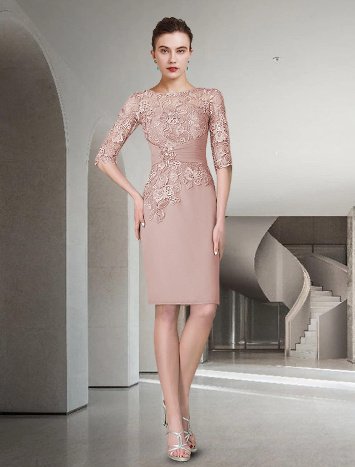 Two Piece Sheath / Column Mother of the Bride Dress Wedding Guest Church Elegant Plus Size Jewel Neck Knee Length Chiffon Lace Half Sleeve Wrap Included Jacket Dresses with Ruched Appliques