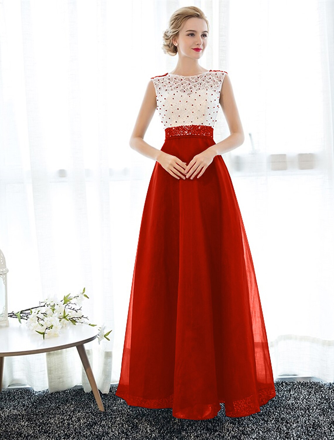A-Line Elegant Dress Wedding Guest Prom Floor Length Sleeveless Illusion Neck Tulle Over Lace with Beading