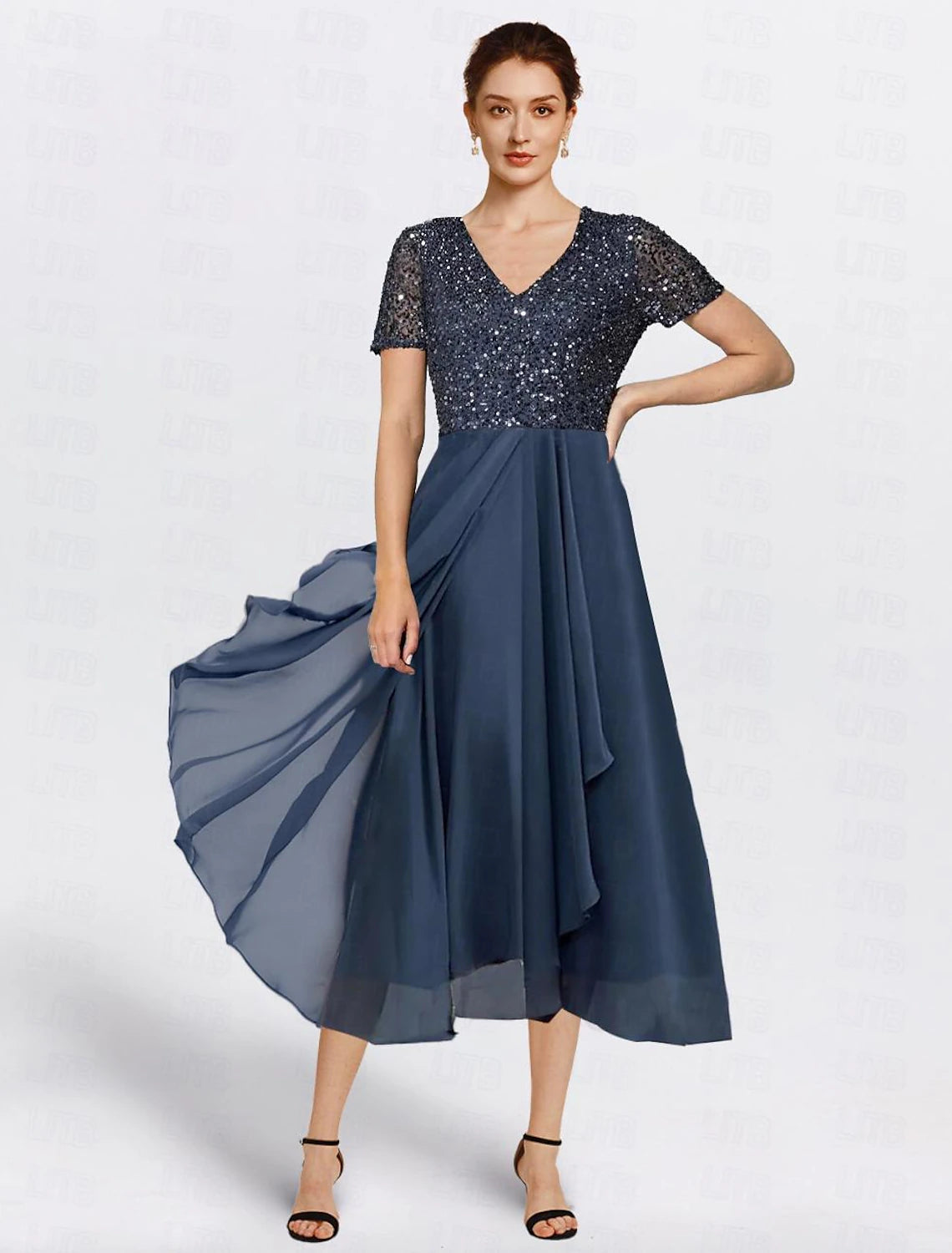 A-Line Mother of the Bride Dress Elegant Sequin Dress Formal Wedding Guest Petite V Neck Tea Length Chiffon Short Sleeve with Tier