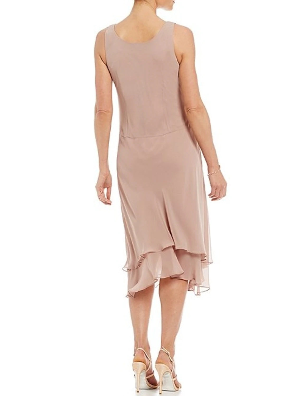 A-Line Two Pieces Jewel Neck Wedding Guest Dress Tea Length Chiffon Long Sleeve Mother of the Bride Dress with Beading Cascading Ruffles