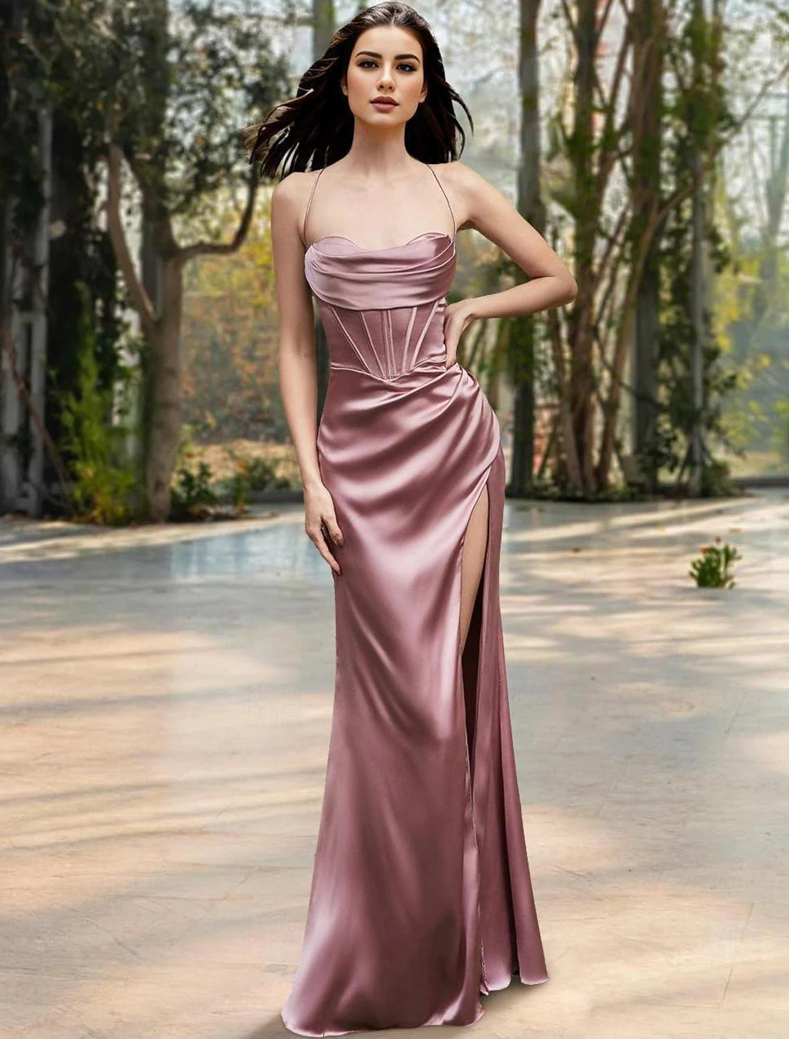 Mermaid / Trumpet Prom Dresses Corsets Dress Wedding Guest Formal Evening Floor Length Sleeveless Spaghetti Strap Bridesmaid Dress Satin with Ruched Slit