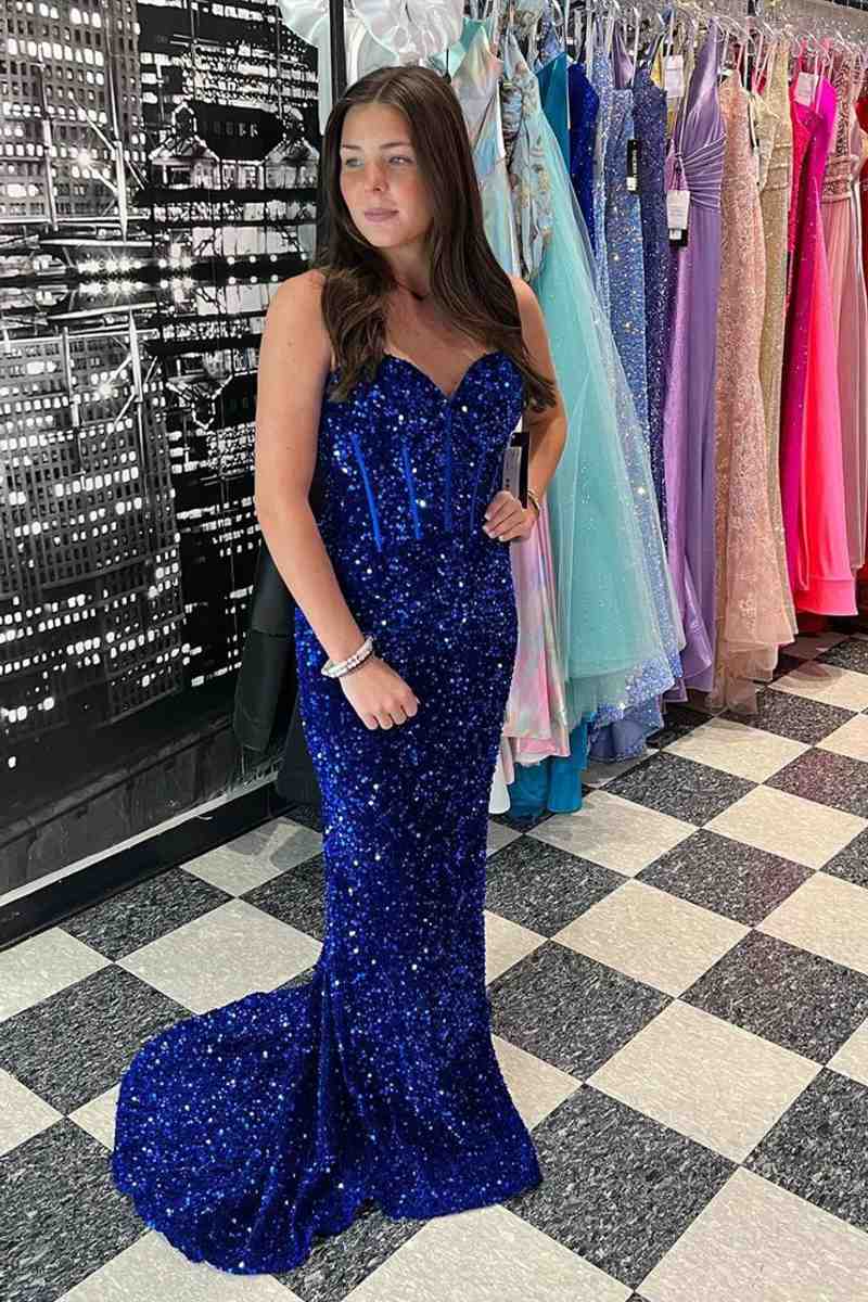 Sheath Mermaid Light Blue  Sweep/Brush Train Dresses Sparking Sequin Long Prom Dress