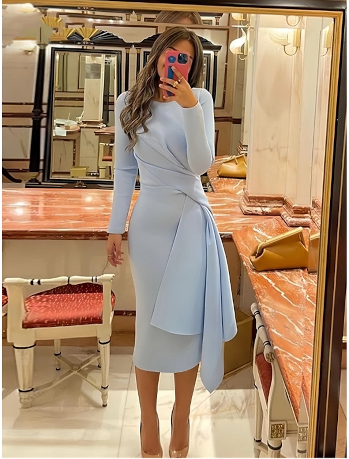 Sheath Cocktail Dresses Formal Fall Knee Length Long Sleeve Jewel Neck Stretch Fabric with Pleats Ruched