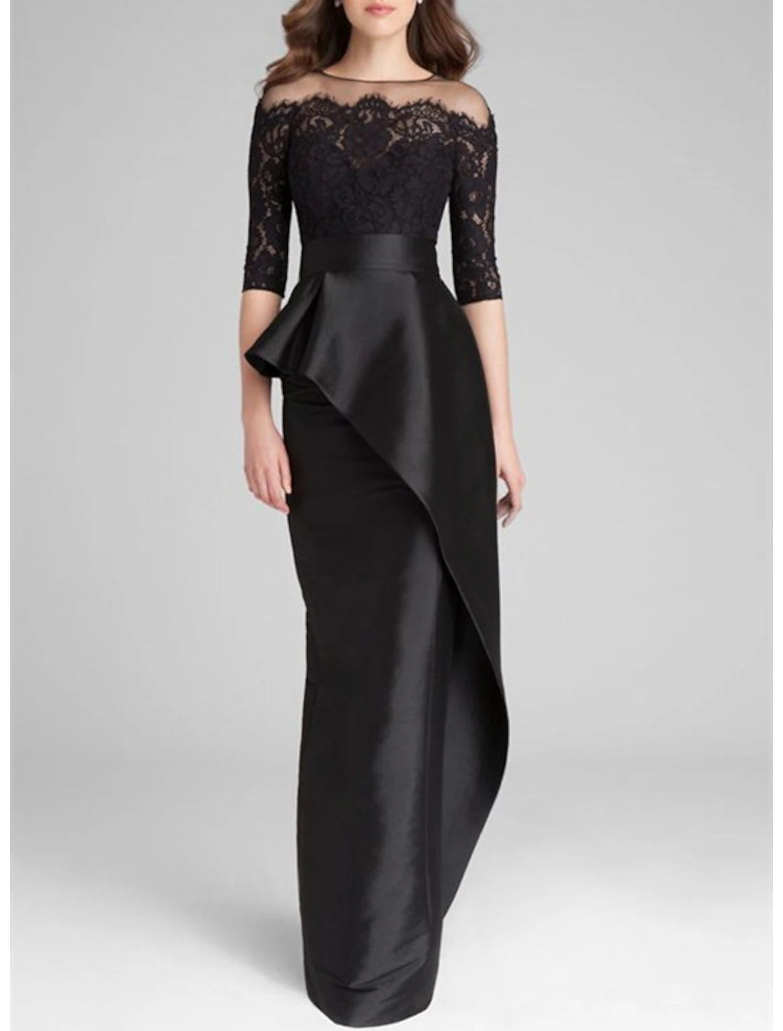 Sheath Mermaid Simple Jewel Neck Floor Length Wedding Guest Satin Lace Half Sleeve with Ruffles  Mother of the Bride Dress Appliques