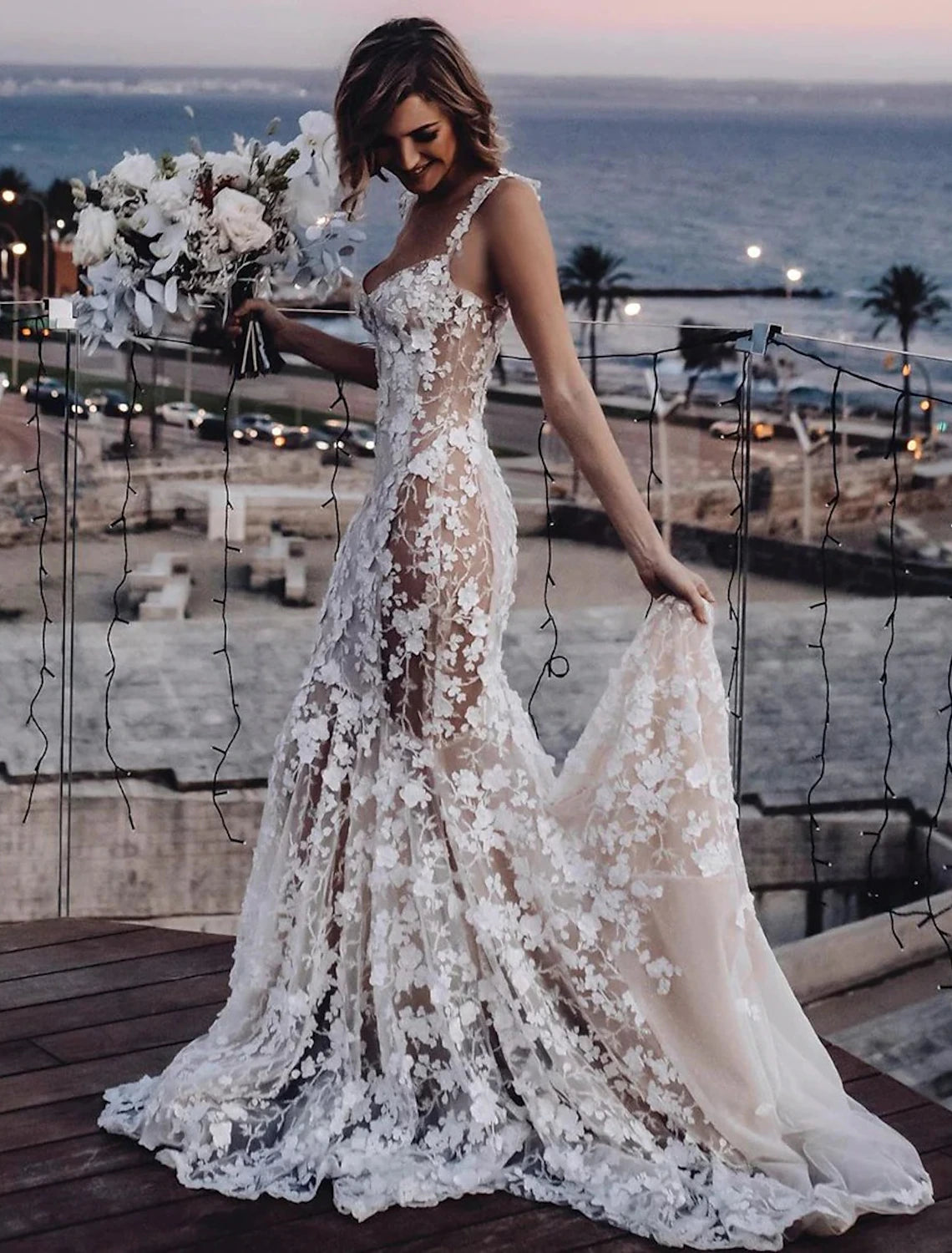 Beach Sexy Boho Wedding Dresses Mermaid / Trumpet Sweetheart Regular Straps Court Train Lace Bridal Gowns With Appliques Summer Fall Wedding Party Clothing