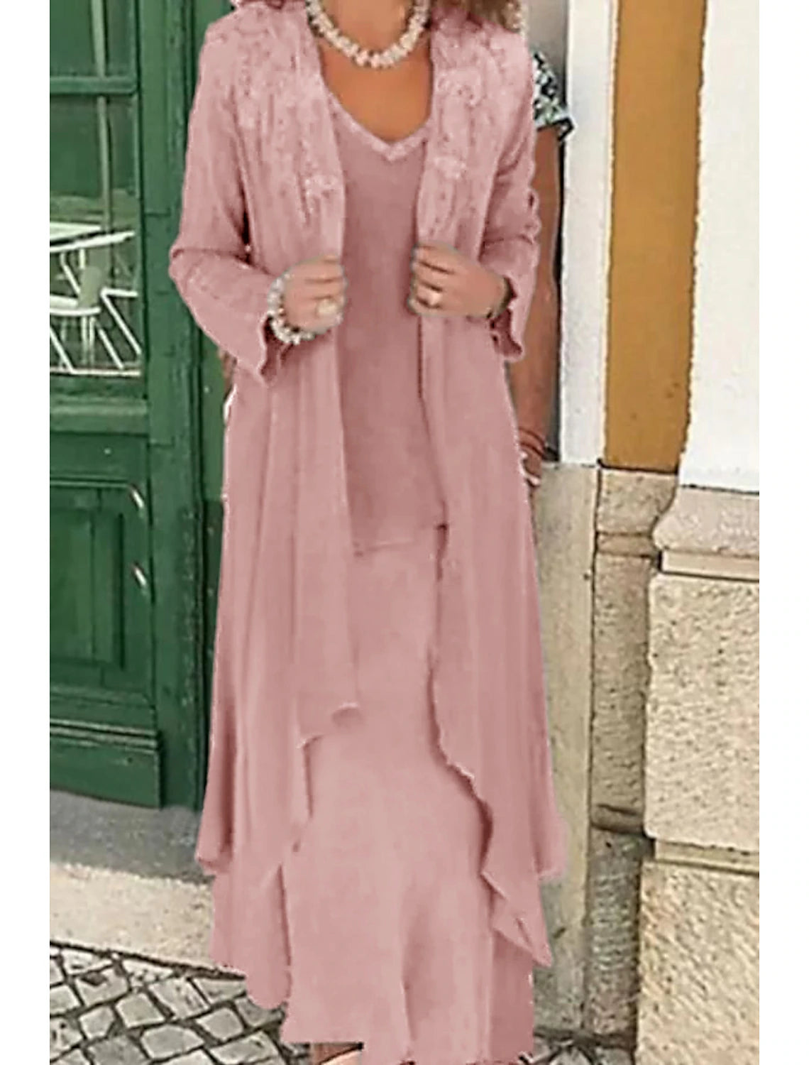 A-Line Mother of the Bride Dress Plus Size Casual V Neck Wedding Guest Dress Floor Length Lace Linen Cotton Blend Sleeveless Jacket Dresses with Appliques