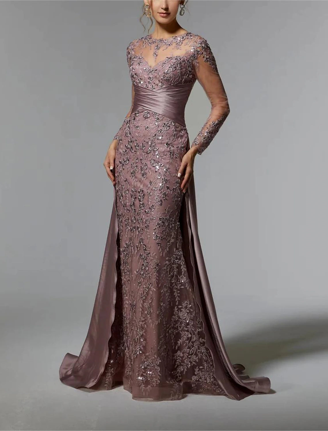 Mermaid / Trumpet Mother of the Bride Dress Wedding Guest Elegant Jewel Neck Satin Long Sleeve with Lace Sequin Ruching