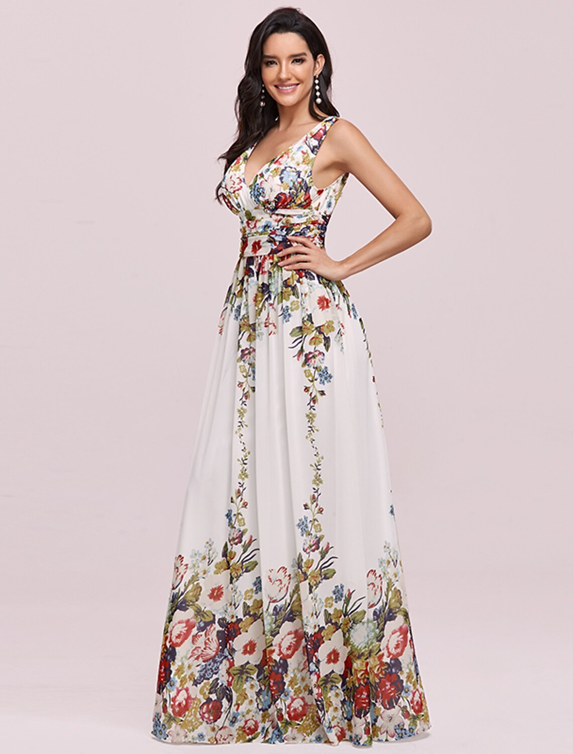 A-Line Plus Size Wedding Guest Formal Evening Dress V Neck V Back Sleeveless Floor Length Chiffon with Pleats