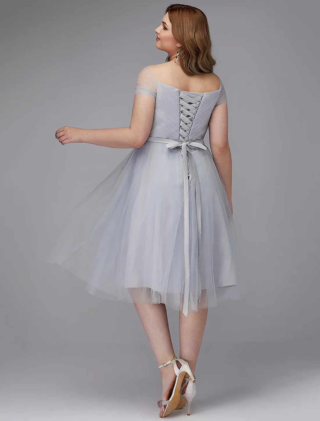 Plus Size A-Line Elegant Dress Homecoming Dresses Wedding Guest Cocktail Party Tea Length Short Sleeve Off Shoulder Tulle with Sash / Ribbon Criss Cross