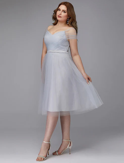 Plus Size A-Line Elegant Dress Homecoming Dresses Wedding Guest Cocktail Party Tea Length Short Sleeve Off Shoulder Tulle with Sash / Ribbon Criss Cross