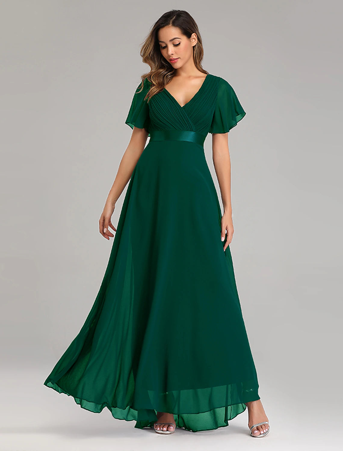 A-Line Prom Dresses Christmas Red Green Dress Fall Wedding Guest Dress For Bridesmaid Floor Length Short Sleeve V Neck Chiffon V Back with Ruched Ruffles